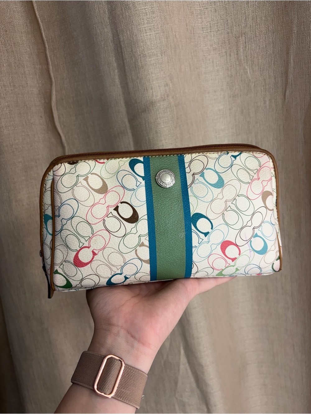 Coach Multicolor Signature Print Zip Makeup Pouch with Green Stripe